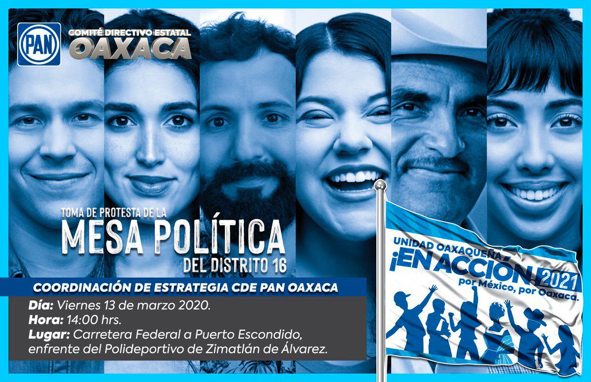 PANOaxaca's tweet photo. Este viernes 13 de Marzo, los invitamos a seguir la #RutaAzul con las Mesas Políticas que son parte del Proyecto “Unidad Oaxaqueña en Acción 2021", tendremos el acompañamiento del Senador @damianzepeda.👨👩👧👦
¡Con #Unidad y #Compromiso somos más #Fuertes! 🙌
#PANContigo https://t.co/4mXfW85Pkt