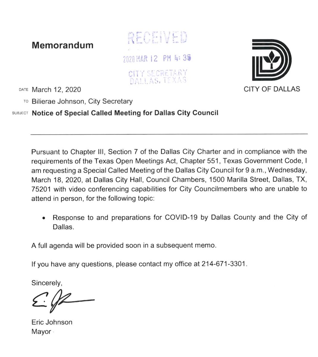 AdamBazaldua's tweet photo. @Johnson4Dallas has been working tirelessly with our Dallas area healthcare leaders in preparation and response to #Covid_19 in the @CityOfDallas.
Today the Mayor called a special city council meeting this Wednesday, March 18th at 9am.
#SafetyFirst #BePreparedNotPanicked https://t.co/rFPwogpDa2