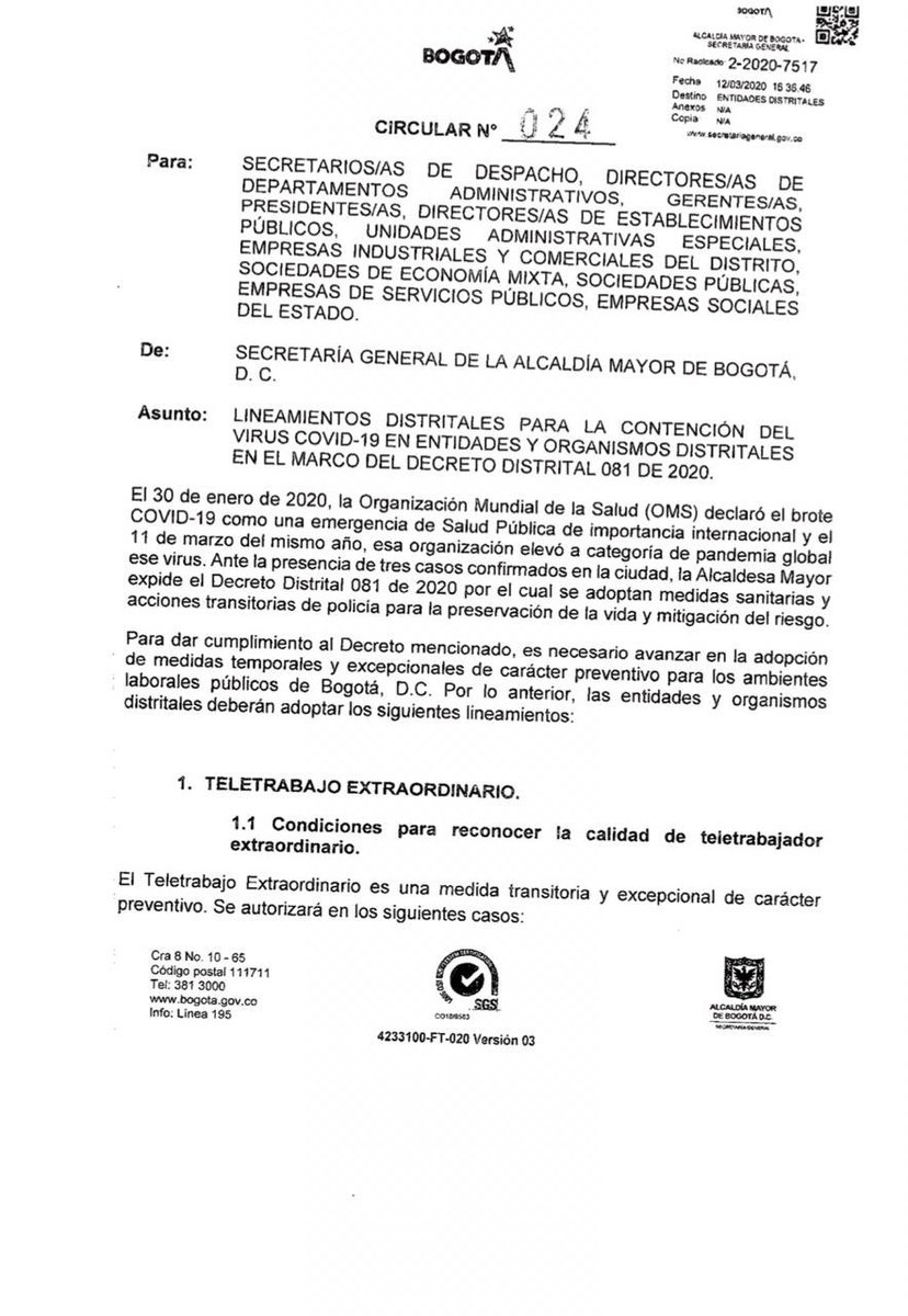 ClaudiaLopez's tweet photo. Cumpliendo medidas de cuidado colectivo #AlertaAmarillaCoronavirus hoy @Bogota adoptó las medidas para ejercer trabajo en casa y teletrabajo de por lo menos un tercio de los empleados y colaboradores de todas las entidades públicas del Distrito.

¿Cómo van en eso sus empresas? https://t.co/avhHRReHwH
