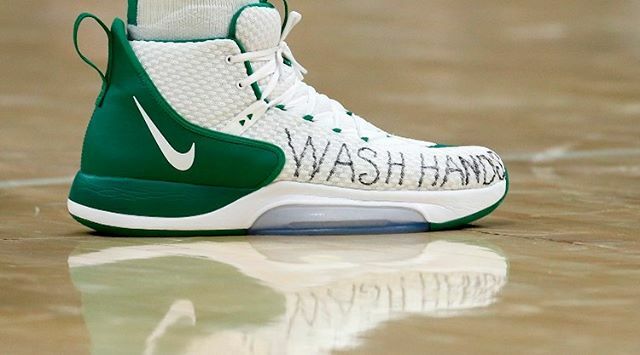 SneakerBinge's tweet photo. Boston Celtics center Enes Canter with a valuable reminder to “wash hands” on his kicks https://t.co/bFbq3EQT1w https://t.co/ZduTBtiIAU