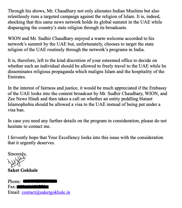 Last week, <a href="/sudhirchaudhary/">Sudhir Chaudhary</a> of Zee hosted the WION Summit in Dubai, UAE.

I've written to the Ambassador of UAE to India detailing the Islam0ph0bic content spread by Zee News &amp; asking for a visa ban on Sudhir Chaudhury.

We'll keep at this relentlessly at every possible forum.