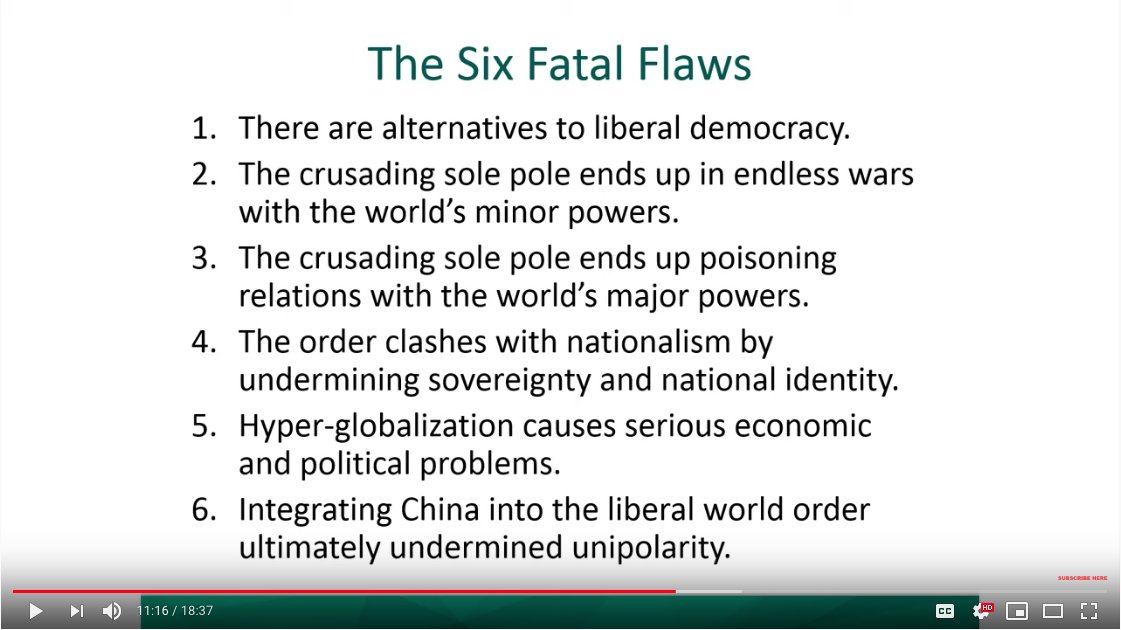 ~11:04 "What really went wrong? The [liberal international] order contained the seeds of its own destruction. And let me go through the arguments as quickly as I can"