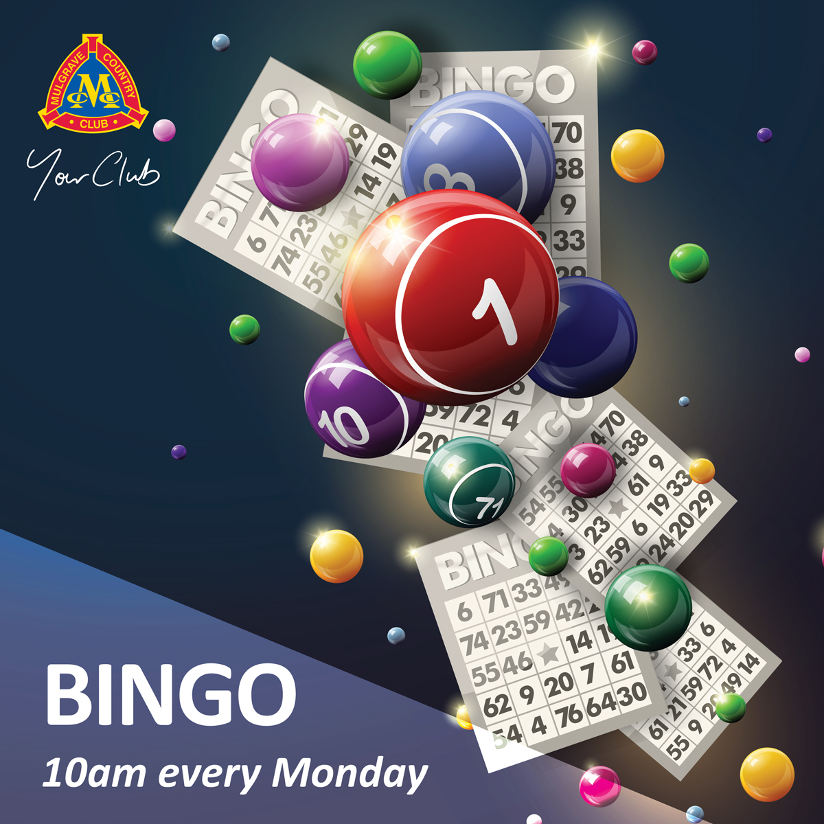 FREE BINGO! Join us in the #MulgraveCCmembers room every Monday at 10am. #MelbourneBingo #YourClub #Bingo