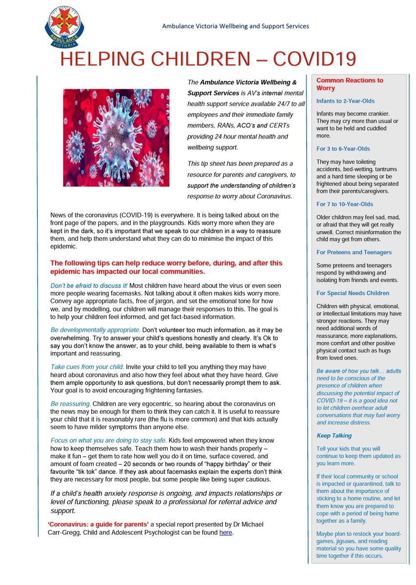 Our <a href="/AmbulanceVic/">Ambulance Victoria</a> Wellbeing team have developed a fantastic #Covid_19 Family Discussion Tip Sheet for our staff on Helping Children. Sharing more widely as may also be helpful to others