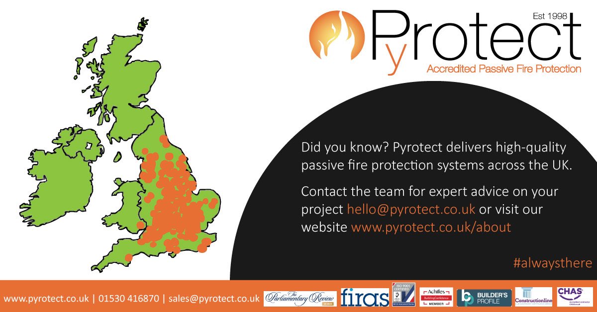 Did you know? Pyrotect delivers high-quality passive fire protection systems across the UK. 

Contact the team for expert advice on your project hello@pyrotect.co.uk or visit our website pyrotect.co.uk/about

#alwaysthere