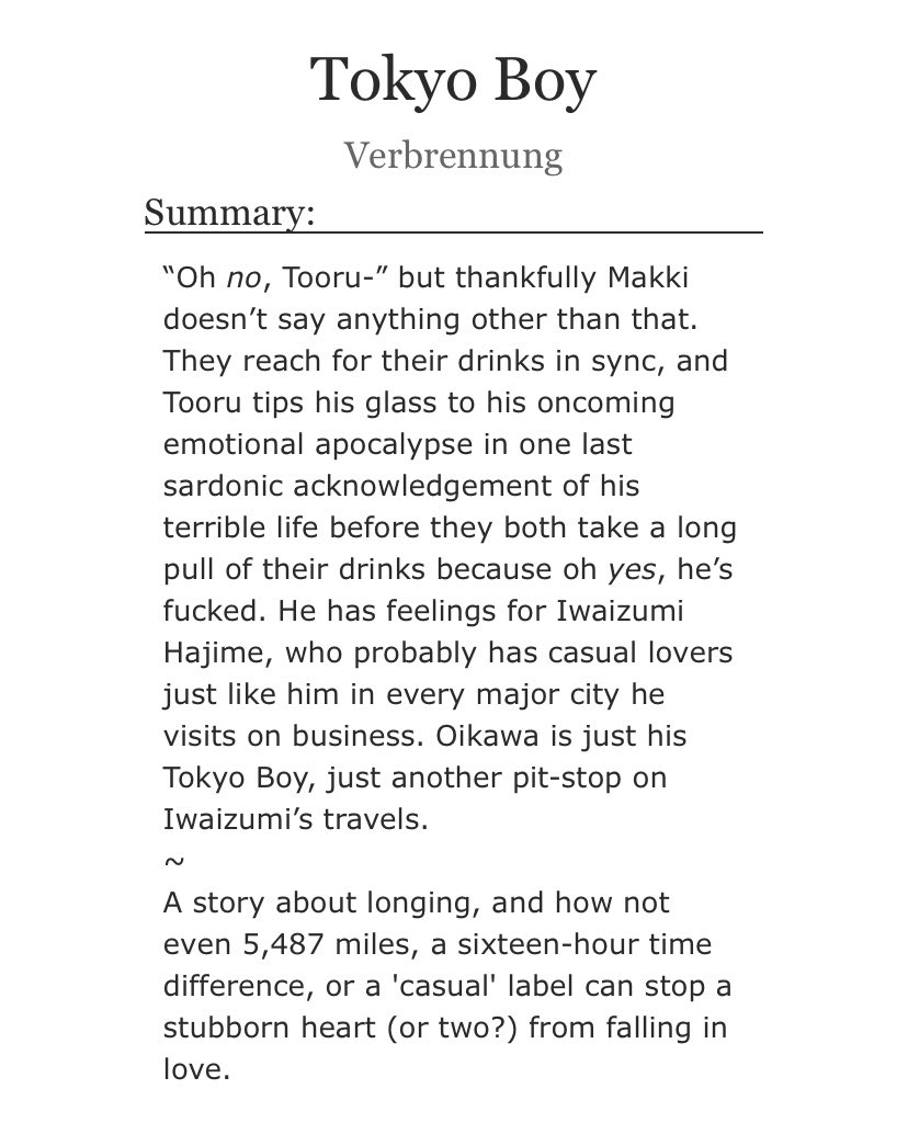 oikawa realizes he is WHIPPED for iwa or hot american business man when it was just supposed to be a fwb thing, oops.matsuhana r the greatest friends (as always), but i liked that the author took care in outlining their roles in oiks' life in this one https://archiveofourown.org/works/10983822/ 