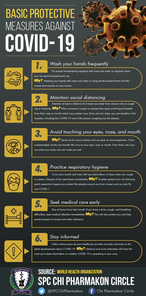 SPCChiPharmakon's tweet photo. In the midst of public health emergency, here are some guidelines from WHO to help avoid possible contact and contain the spread of COVID-19. Let us be vigilant and be mindful of our surroundings. Remember, "prevention is always better than cure." https://t.co/eyUrNqSf71