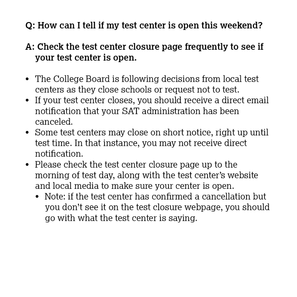 CollegeBoard's tweet image. College Board Coronavirus Update: What to do if you are registered to take the March 14 SAT
Test center closings: spr.ly/60101SdVm
Coronavirus updates: spr.ly/60111SdVW
Press release: spr.ly/60121SdVo