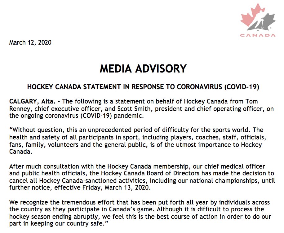 HEOhockey's tweet photo. Hockey Canada statement in response to Coronavirus (COVID-19) https://t.co/H8Nf4UMpqQ