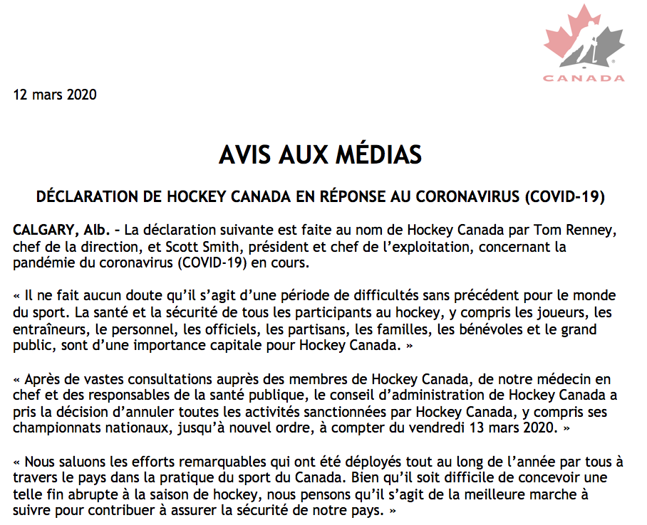 HEOhockey's tweet photo. Hockey Canada statement in response to Coronavirus (COVID-19) https://t.co/H8Nf4UMpqQ