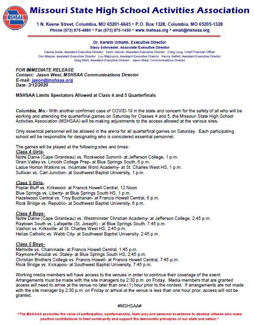 MSHSAAOrg's tweet photo. IMMEDIATE RELEASE FOR CLASS 4 AND 5 QUARTERFINALS THIS SATURDAY, MARCH 14TH. https://t.co/3M38JjNVhn