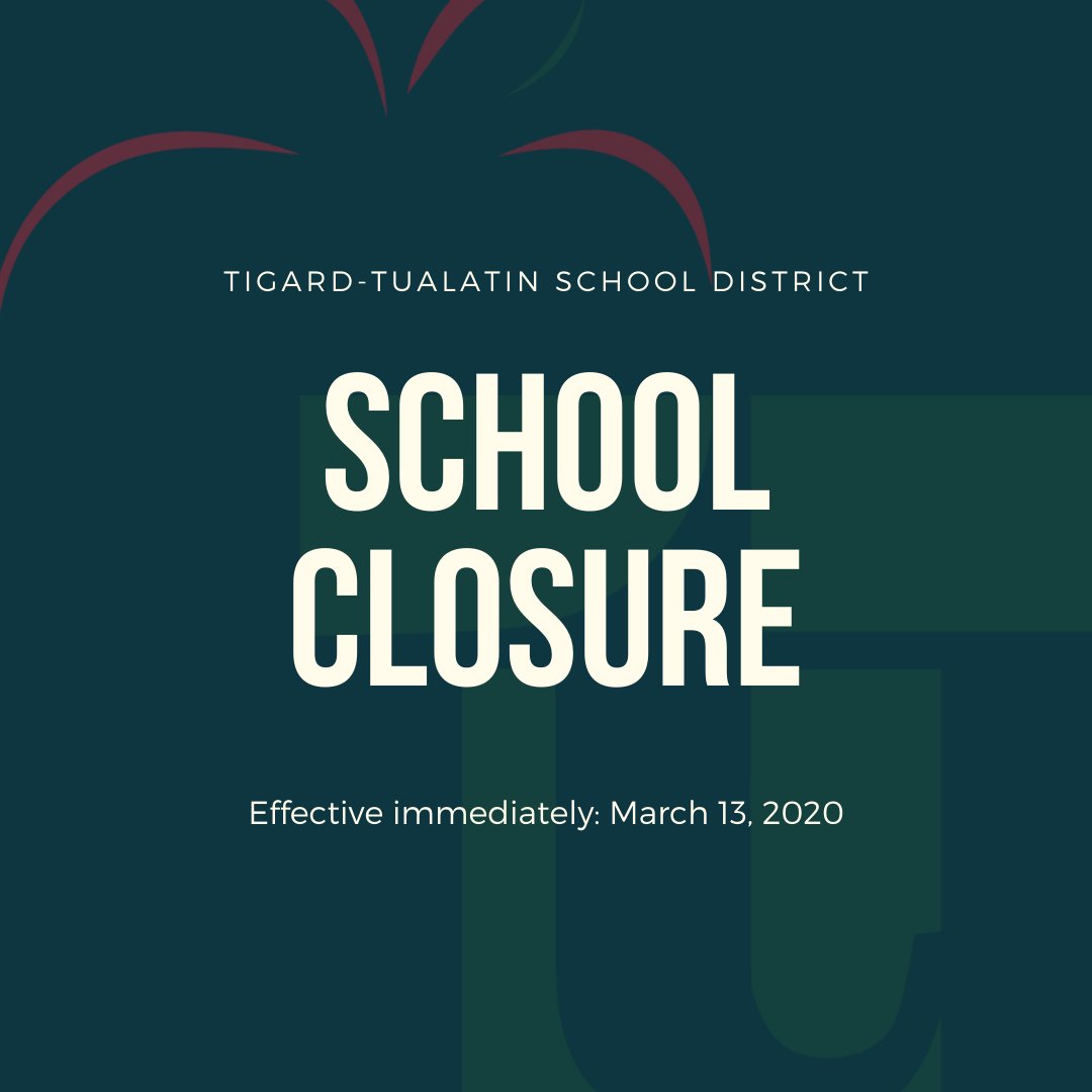 TigardTualSD's tweet photo. Tigard, OR. -- In response to the COVID19 public health crisis, the Tigard-Tualatin School District (TTSD) Board of Directors voted unanimously to close all schools in the district, effective immediately. See full message https://t.co/YdHyxt0DLR https://t.co/YGHMaArBGE