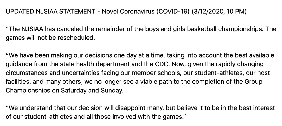 UPDATED NJSIAA STATEMENT - Novel Coronavirus (COVID-19) (3/12/2020, 10 PM)
