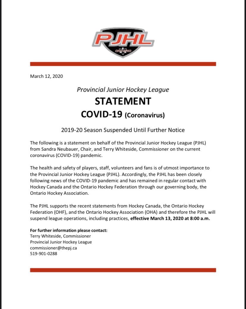 519sportsonline's tweet photo. Statement from @PJHLOntario tonight. The season has been suspended until further notice. #PJHL @PJHL_Doherty https://t.co/RahsnHKJqi