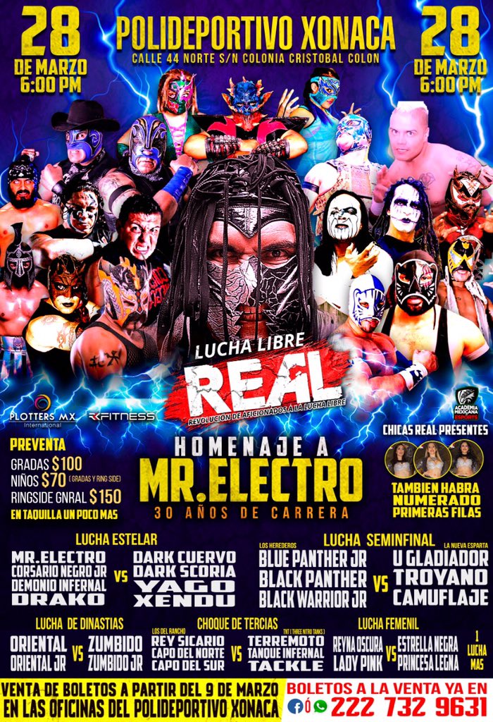 💥⚡️HOMENAJE A MR. ELECTRO - 30 AÑOS DE CARRERA⚡️💥
Éste 28 de Marzo LUCHA LIBRE REAL invadirá por primera vez “Puebla de los Ángeles” y llegamos con un ¡GRAN ELENCO! 
Estamos seguros que vamos a llevarles muchas sorpresas, encuentros emocionantes y lo mejor de #REAL 👊🏻🔥