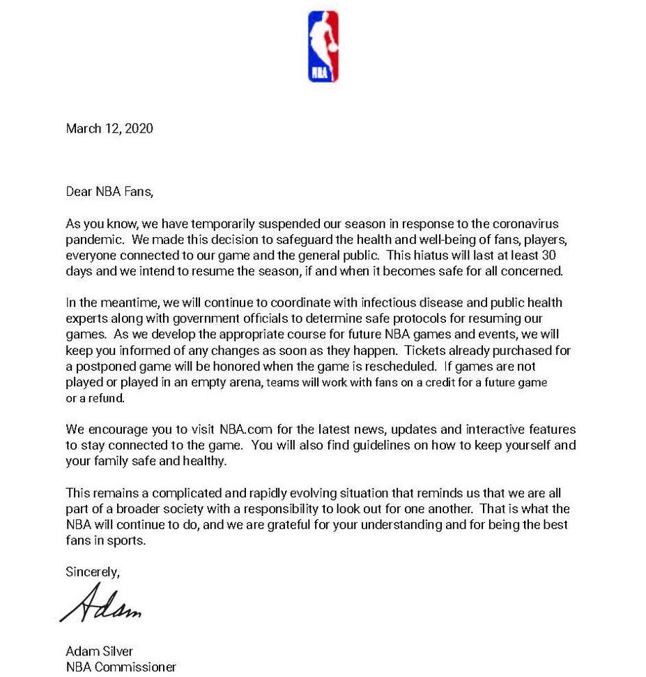 NBA on X: A Letter to NBA Fans  / X