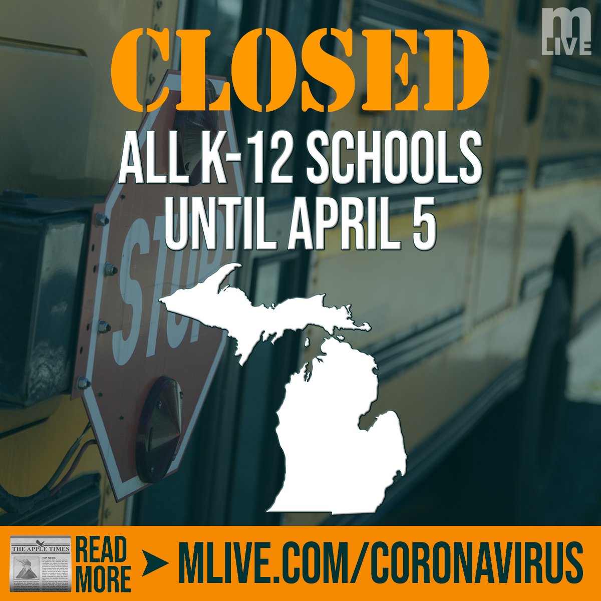 MLive's tweet photo. BREAKING: Gov. Whitmer has ordered ALL K-12 schools in #Michigan to close for three weeks https://t.co/KUKRq4vjP8