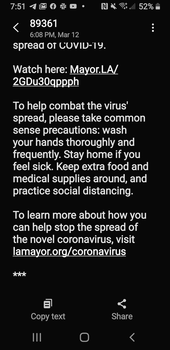 MaryamHenein's tweet image. #covid19 #TEXTALERT? 

Have you gotten a text yet to your phone alerting you about #coronavirus?

If so, show me yours. 

I just got a text &amp;amp; call from the city of  #LosAngeles 👇