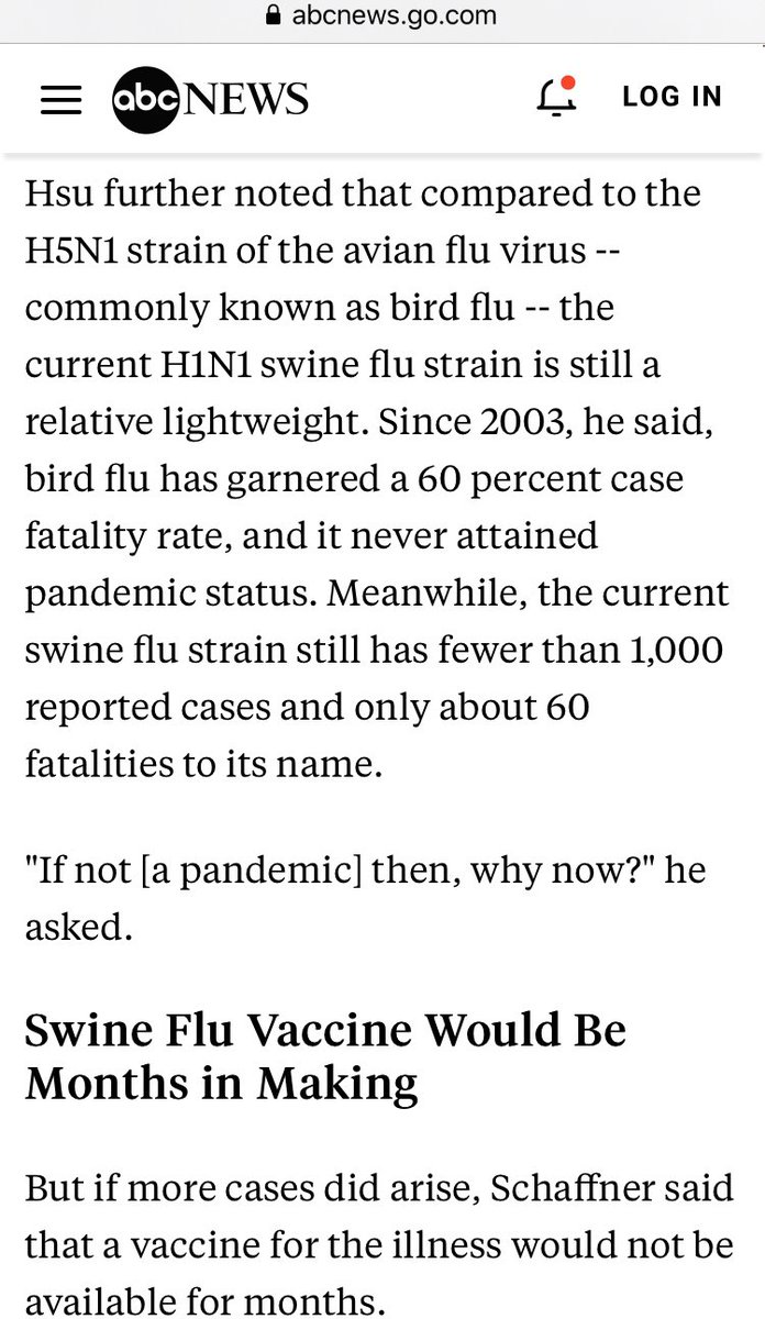  When Swine flu had SIXTY DEATHS and 1,000 cases within ten days of the start, a SIX PERCENT DEATH RATE,  @ABC news reported it THIS WAY: "The current swine flu strain still has fewer than 1,000 reported cases and only about 60 fatalities to its name."  https://abcnews.go.com/Health/ColdandFluNews/story?id=7429669&page=1