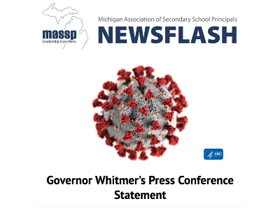 massp's tweet photo. .@GovWhitmer – in coordination with State Supt Dr. Michael Rice – ordered that all Michigan schools close for three weeks in response to COVID-19. This closure applies to all K-12 school buildings, public, private, and boarding, starting Monday, March 16 until Sunday, April 5. https://t.co/HtBgyu9cC4