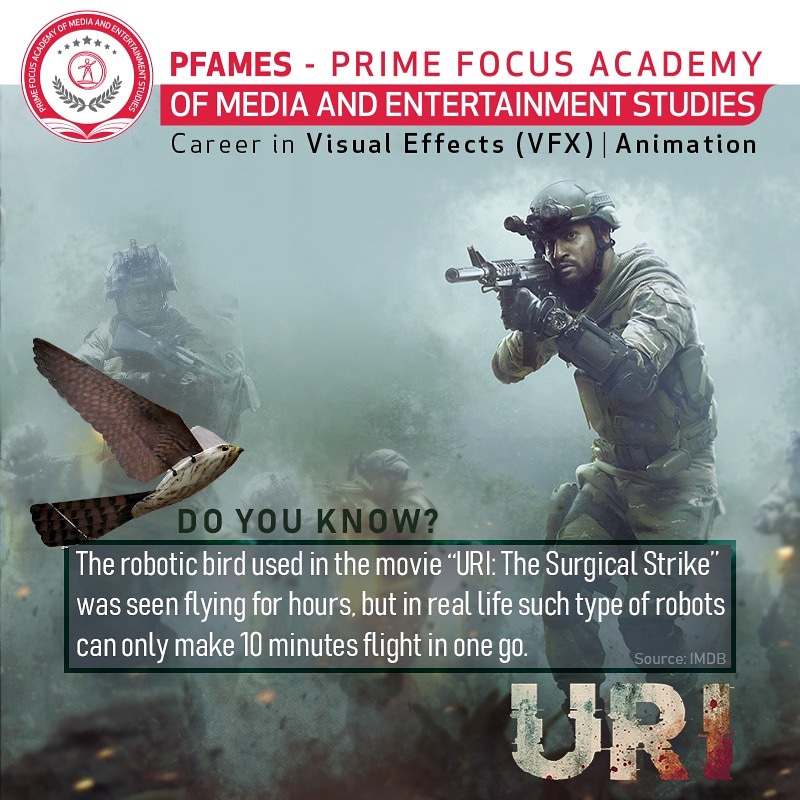 PfamesAcademy's tweet image. The #roboticbird(drone like bird) used in the movie &quot;#URITheSurgicalStrike &quot; was seen flying for hours, however in real life such type of robots can only make 10 minutes flight in one go.

#careers #counselling #VFX #careercourse #VisualEffects #LearnVFX #Animation #doyouknow