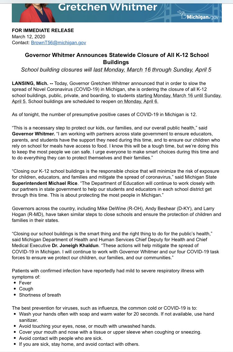 ManuszakEdward's tweet photo. Just released by @GovWhitmer Schools in MI to close beginning Mar. 16 and are then to return Apr. 6. DCS will be open tomorrow for a normal day, please send your children to us so we can offer the chance to prepare for this break. Lots more details to come...please stay tuned. https://t.co/WlI19ZtEWv