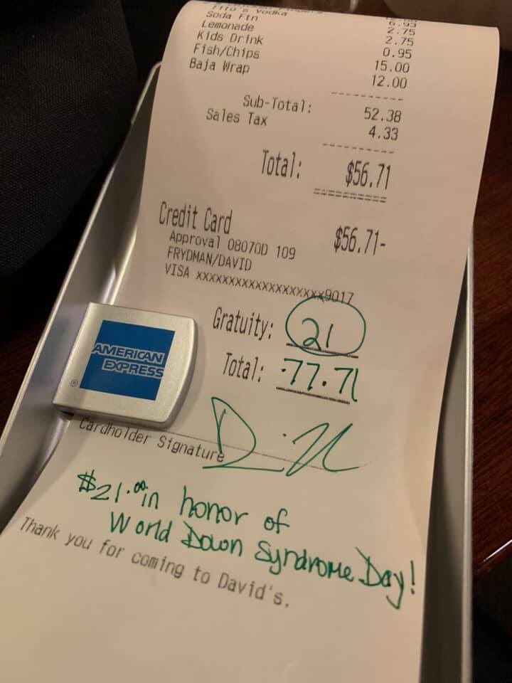 dpfny16's tweet photo. 💙💛WDSD Random Act of Kindness💙💛
Left our waitress a $21 tip in honor of World Down Syndrome Day!
#WDSD20 #21actsofkindness
#spreadingawarenessthroughkindacts #acceptance #inclusion #DSNNN #morealikethandifferent #ThreeTwentyOne https://t.co/dmRyQoHgeT