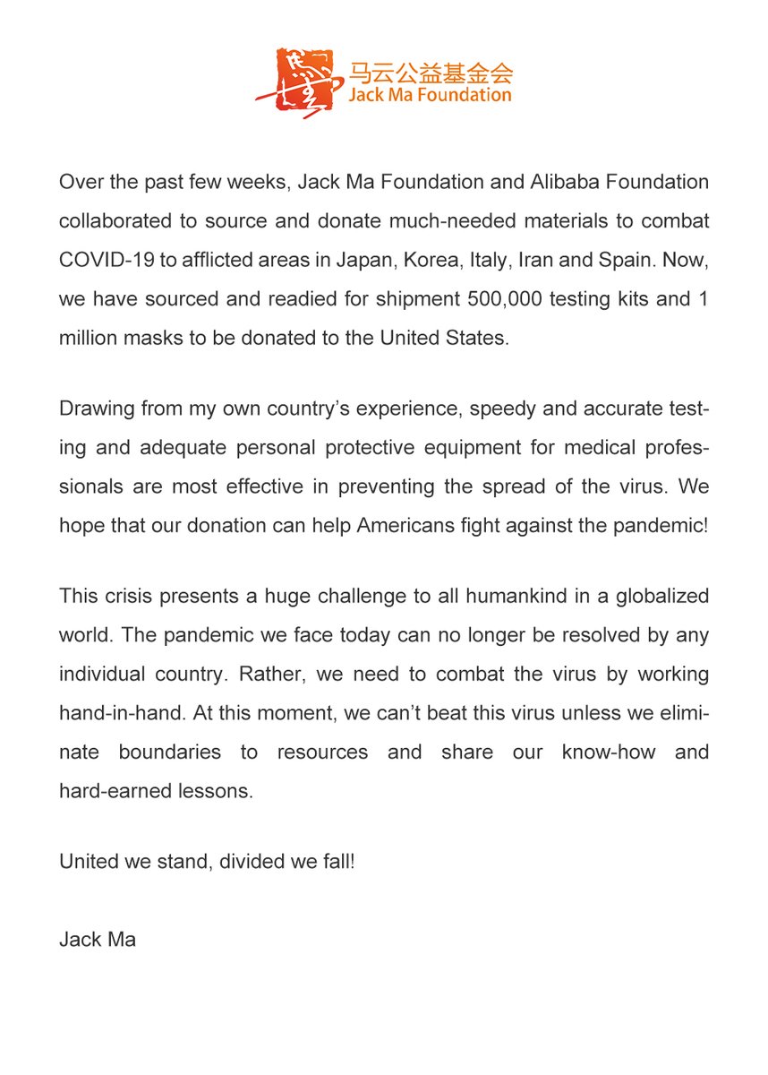 Through a donation of 500,000 testing kits and 1 million masks, we join hands with Americans in these difficult times.