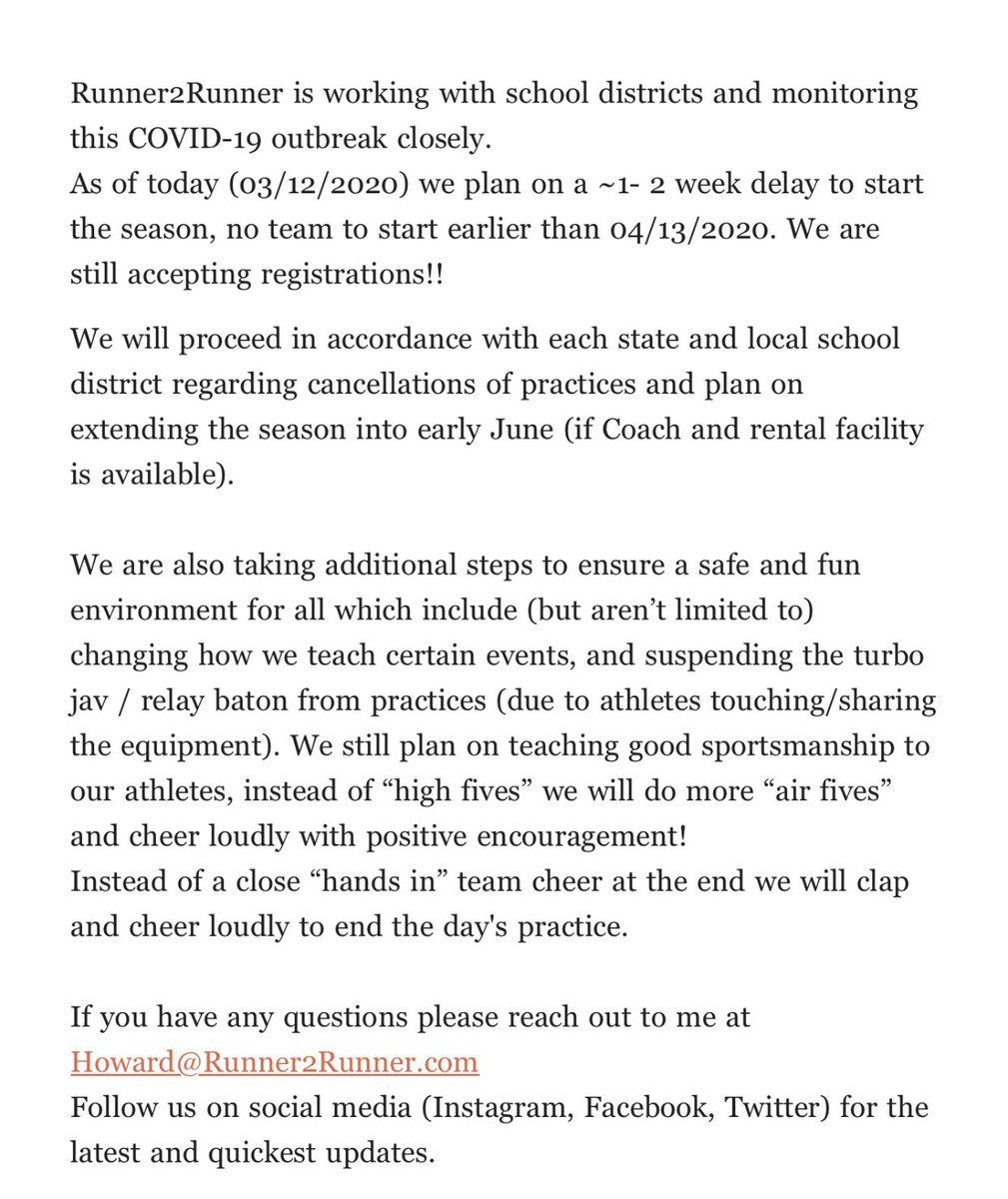 Runner2Runner's tweet image. We are delaying the start of ALL our teams to the week of 04/13/2020