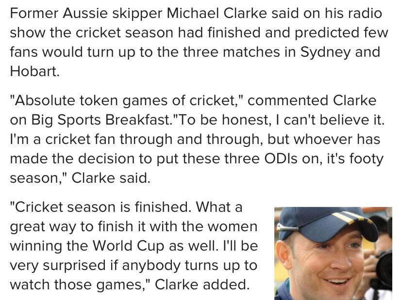 Just recalled a radio news snippet I heard the other day and rubbished at the time. Turns out though, <a href="/MClarke23/">Michael Clarke</a> wasn’t far off. No one turned up, just not for the reason he predicted #AUSvNZ