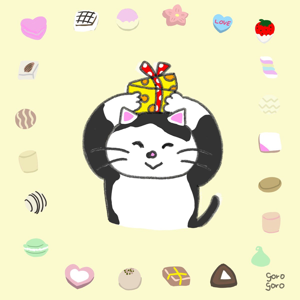 ゴロゴロ Lineスタンプとイラスト ホワイトデーのお返しを買った前髪猫 前髪猫 前髪ねこ 白黒猫 ホワイトデー Whiteday ホワイトデーのお返し チョコレート イラストレーター 猫のイラスト 絵描き 絵描きさんと繋がりたい イラスト好き