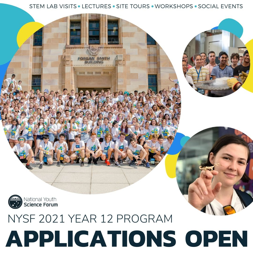 NYSFoz's tweet image. APPLICATIONS ARE NOW OPEN FOR THE NYSF 2021 YEAR 12 PROGRAM! 🎉⁠

Year 11 students interested in STEM are now invited to apply for the upcoming Year 12 Program. ⁠🔬🧪

For more information go to nysf.edu.au 🚀⁠
⁠
#NYSFoz #STEMeducation #StudySTEM #BreakingNews