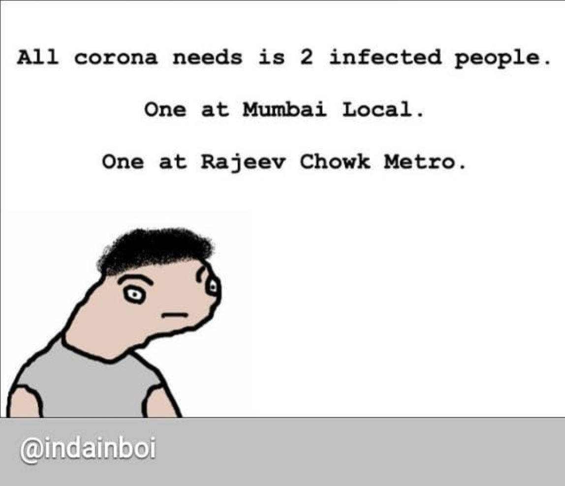 mehulbaid's tweet photo. @OfficialDMRC It maybe a meme for now. But it is the hard truth and can be a harsh reality. Are we prepared to fight the COVID-19? #FightAgainstCOVID #IndiaAgainstCOVID https://t.co/vOpF8xW8GK