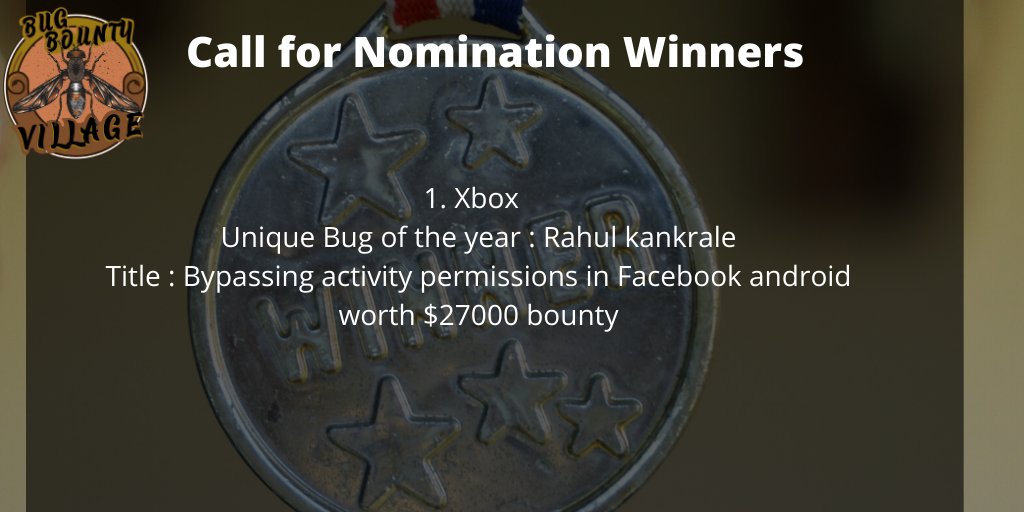 bugbountyvillag's tweet photo. We are announcing Winners of the "Call for Nominations" with the Prizes.
Thank you,everyone for participating.
Here is the list of winners!🏆 
@rahulkankrale
@iamnoooob
@bhavukjain1
@raushan_rajj
@arun_2512
@c0d3G33k
@0xAkash
@mohdhaji24
@DevishaRochlani
Gaurav Mishra
#bugbounty https://t.co/bZ4PAJPg8I