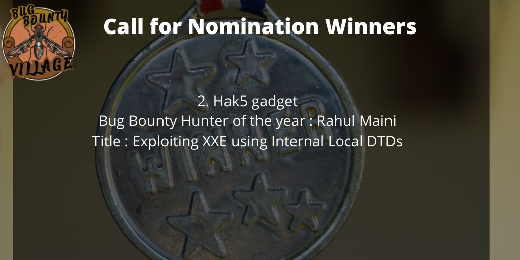 bugbountyvillag's tweet photo. We are announcing Winners of the "Call for Nominations" with the Prizes.
Thank you,everyone for participating.
Here is the list of winners!🏆 
@rahulkankrale
@iamnoooob
@bhavukjain1
@raushan_rajj
@arun_2512
@c0d3G33k
@0xAkash
@mohdhaji24
@DevishaRochlani
Gaurav Mishra
#bugbounty https://t.co/bZ4PAJPg8I