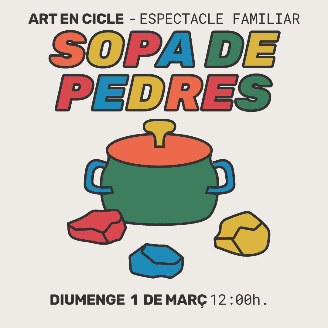 artenciclesuria's tweet photo. Sopa de pedres ens farà reflexionar sobre les persones que arriben a casa nostra des de ben lluny 💫 Una història que segur que agradarà a petits i a grans! Avui a les 12h, no et quedis sense entrada 🌈 #artenciclesuria #culturaalpoble #teatreinfantil #plafamiliar #suria https://t.co/PV8yahBrLl