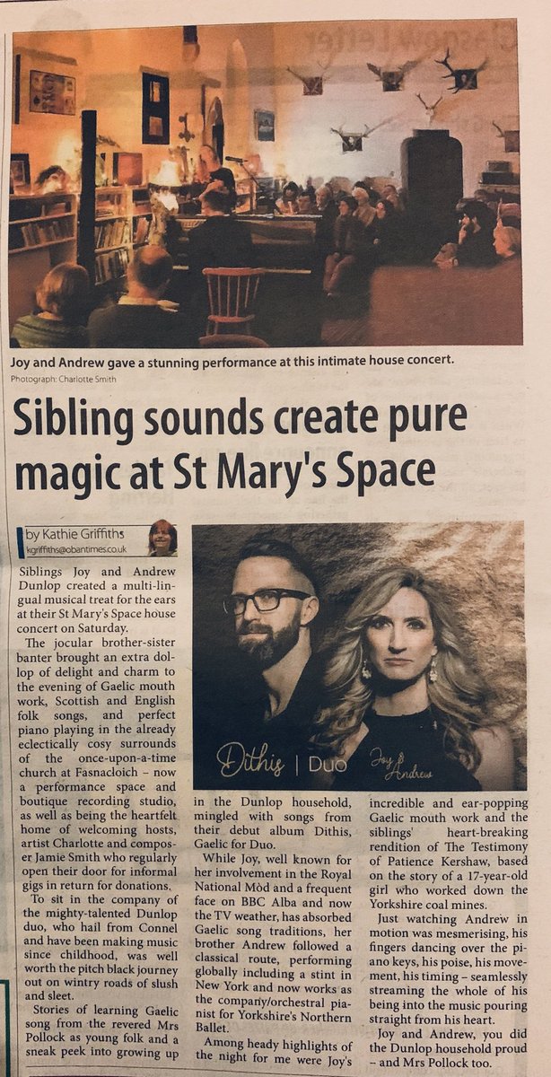 joyandandrew's tweet photo. Ceud mìle taing / Sincerest thanks to Kathie and the @obantimes for this really lovely review of our recent concert at @StMarysSpace. We’re thrilled that you enjoyed the night and our new music ❤️🎶 #Dithis #Duo #Siblings #Argyll https://t.co/A2y00ZHkl6