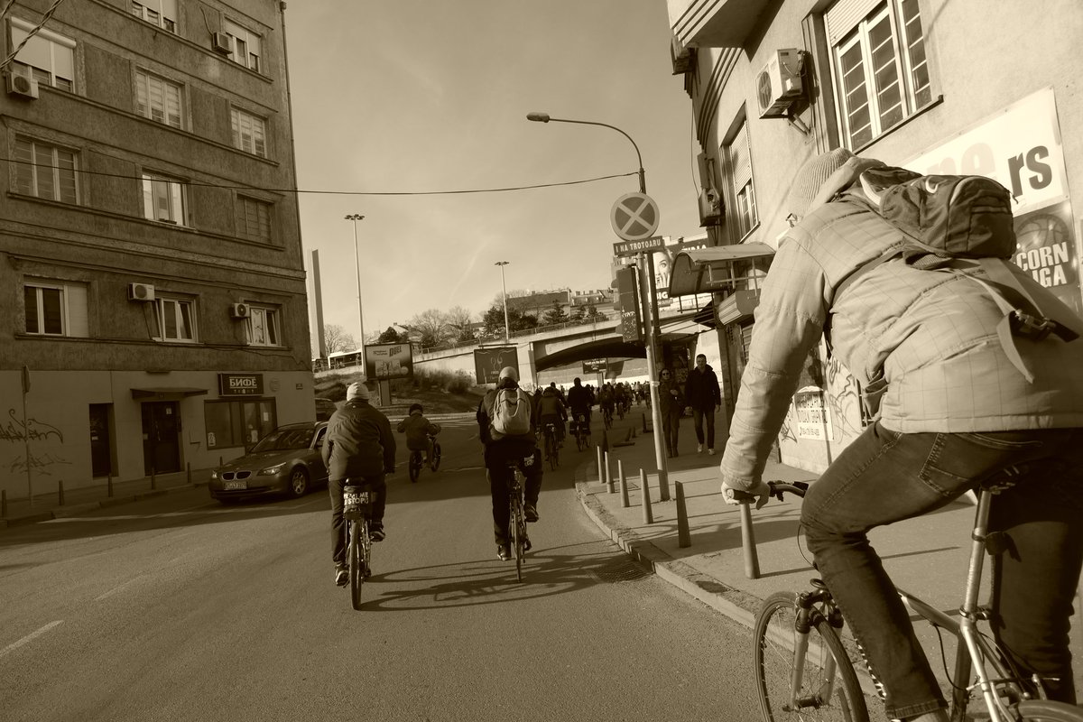 elmers87's tweet photo. Critical Mass Belgrade.

By some on-bike camera fiddling they came out in Sepia. Somehow fitting, like @sophie_eastwd once said:

We need to remember the good new days.

#NewStoryRide 
#CriticalMass #kriticnamasa
#beograd #Belgrade #GoodNewDays https://t.co/tA4cDkDbAw