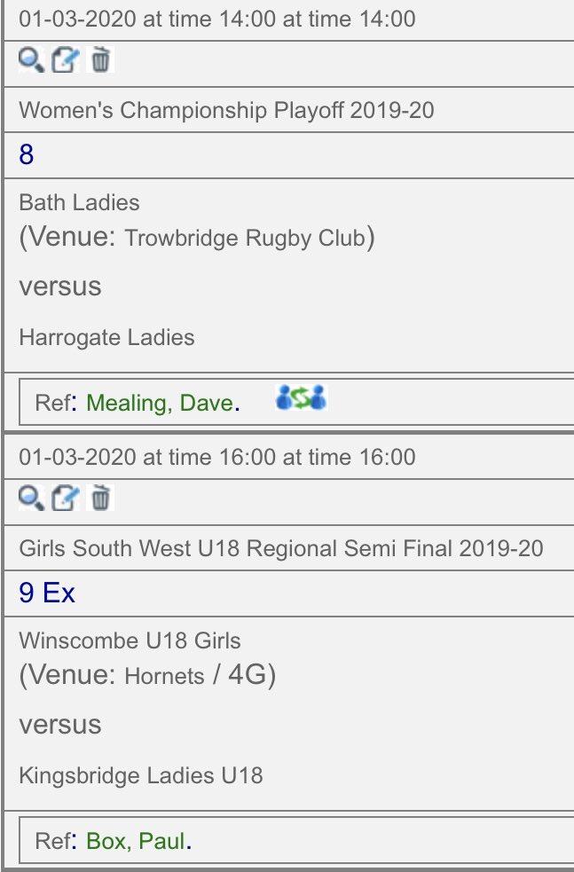 SomerRugbyRefs's tweet photo. Today’s #SRRS appointments

@walcotrugby U18 V @WinscombeRugby U18 
B.Perry

@BathRugbyLadies V @HarrogateLRUFC 
@ @TrowbridgeRugby 
D.Mealing

@WinscombeRugby girls U18 V @Kingsbridge_RFC girls U18
@ @Upthenestrfc
@paulbox13 

#CrouchBindGrow #SundayRugby #VenueChanges https://t.co/TEPBsb3Sd8