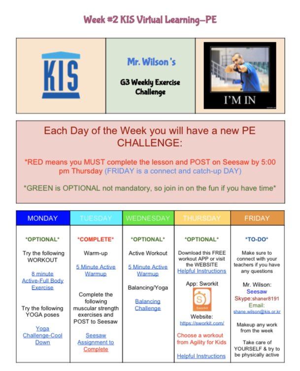 KISWilson's tweet photo. We are gearing up for #virtuallearning week #2. A big thanks to @VargeLe for all her hard work and support behind the scenes and @pe_aylward for his stellar PE ideas that sparked my own creative juices for home learning. #KIS_SeoulCampus #Kispride https://t.co/xQjKsR53F0
