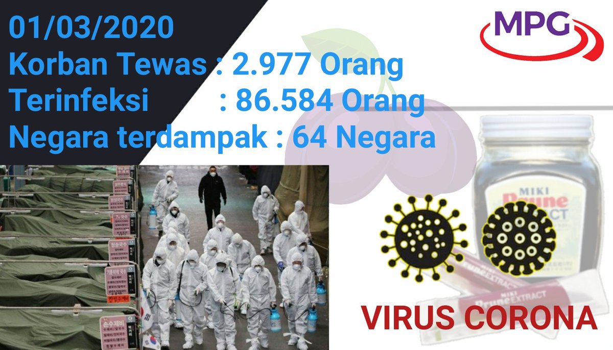 IndonesiaMPG's tweet photo. _______
Hingga hari ini virus corona telah menyebar di 64 negara dengan jumlah kasus global mencapai 86.584 Orang.
#MikiPruneExtract #VirusCorona #SuplemenAlami
#MakananAstronot #DayaTahanTubuh #AntiVirus https://t.co/ioXqgJhATw