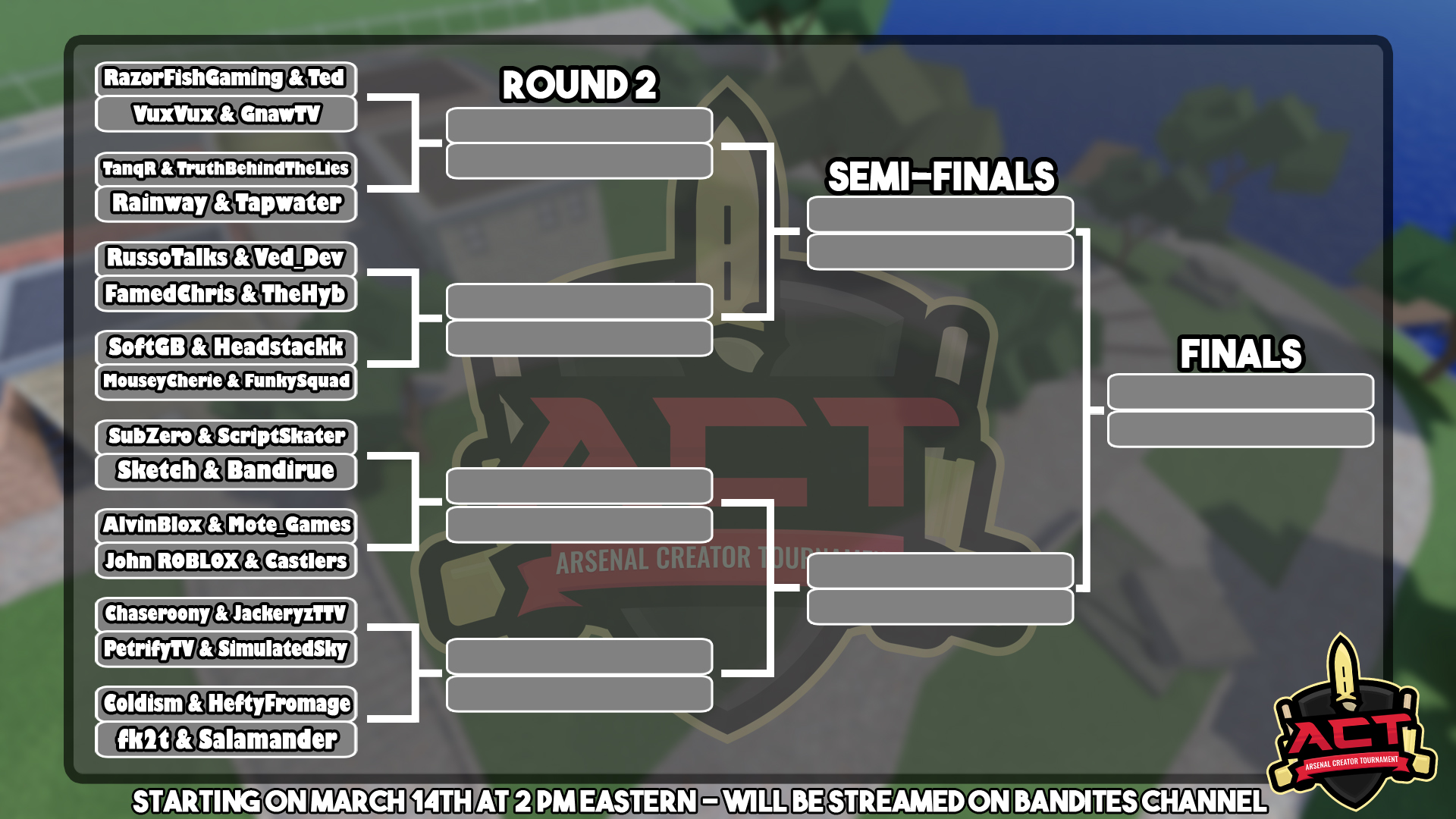 Bandites On Twitter Here Is The Official Bracket For The Arsenal Creator Tournament Credit To Classicrampage For The Awesome Logo The Event Will Take Place On March 14th Starting At 2 Pm - vuxvux roblox password