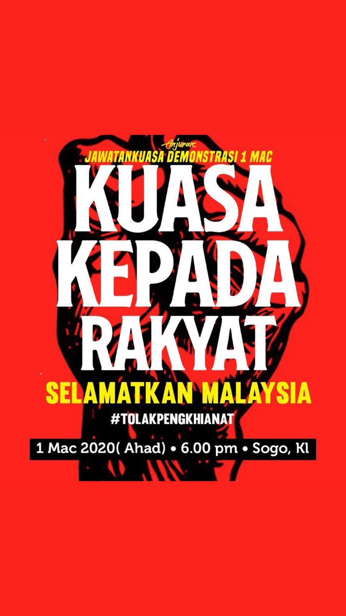 NewsBFM's tweet photo. A demonstration is reportedly set to take place around SOGO KL, at 6pm today in protest against corruptors and traitors.  

Police have warned the public against joining the rally, as the area in front of SOGO KL is not sanctioned for demonstrations. https://t.co/zZ3uSA1dLA