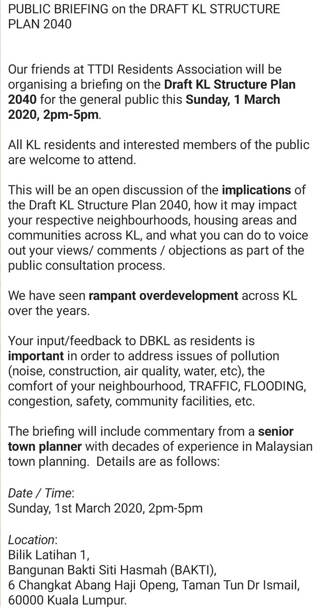 ShidaChipsmore's tweet photo. DRAFT KL STRUCTURE PLAN 2040: PUBLIC BRIEFING

📆 1 Mac 2020 (Sunday)
⏰ 2 pm - 5 pm
📍Bilik Latihan 1, Tingkat 2, Bangunan Bakti Siti Hasmah (BAKTI) https://t.co/xI7Vsg4jXU
All KL residents and interested members of the public are welcome to attend.

#SelamatkanKL #SaveKL https://t.co/VAnuleXacI