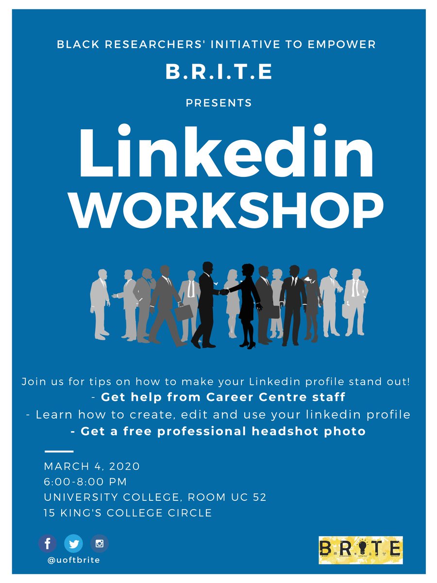 uoftbrite's tweet photo. We will be holding a LinkedIn Workshop on March 4th.  The workshop will be led by staff from The Career Centre, you will learn how to create, use and edit your Linkedin profile + opportunity to get a free professional headshot. 

https://t.co/4hgpXjrUrN https://t.co/c08OGPwlUX