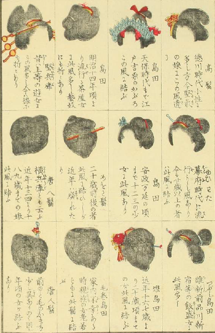 昔の風俗をつぶやくよ 髷一覧 明治18年 あずまなごり に掲載されていた女性の髪型 一覧です 知識として 島田 の名称くらいしか頭に無かったのですが その島田ひとつをとっても 身内に不幸があった場合の毛巻島田 品川の飯盛女が結うつぶし島田