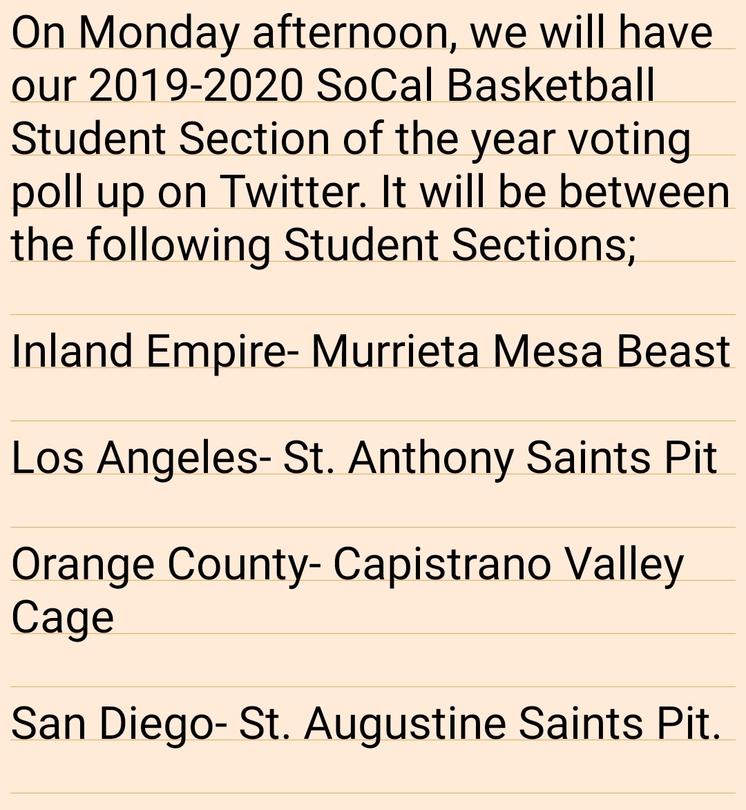 <a href="/MESABEAST/">MESA BEAST</a> <a href="/MGreenscreen/">MMHS.GreenScreen</a> <a href="/MMHS_BoysHoops/">Murrieta Mesa Boys Basketball</a> <a href="/SAHS20Athletics/">St. Anthony Saints Athletics</a> <a href="/StAnthonySAINTS/">St. Anthony Saints</a> <a href="/CVHSCAGE/">CVHS CAGE</a> <a href="/CapoValleyHS/">Capo Valley HS</a> <a href="/Saints_ThePit/">The Pit</a> <a href="/AthleticsSaints/">SaintsAthletics</a> <a href="/saints_info/">St. Augustine HS</a> <a href="/stahoops/">Saints Basketball</a> <a href="/CoachHulme/">Inspiration from Coach Hulme</a>