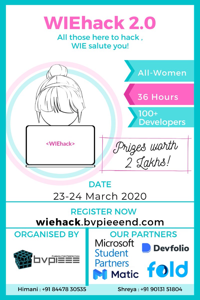 BVPIEEE2's tweet photo. We're so glad to announce WIEHack 2.0, an all women hackathon in association with Microsoft Student Partners @hemshree_madaan and @_chetanverma. 😀
Prizes worth 2 lakhs 🎁
Register Now: https://t.co/1WTdJaS24N https://t.co/4QvQ7gPNFN