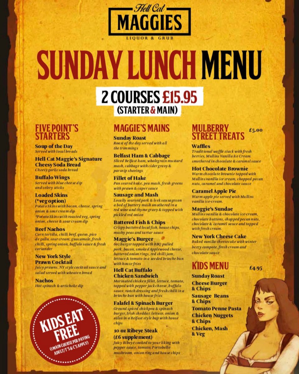 Maggie's Sunday Lunch// 2 Courses ONLY £15.95//KIDS EAT FREE// Live Music From 3pm// Book Now to Avoid Disappointment #sundaylunch #kidseatfree #hellcatmaggies #delicious