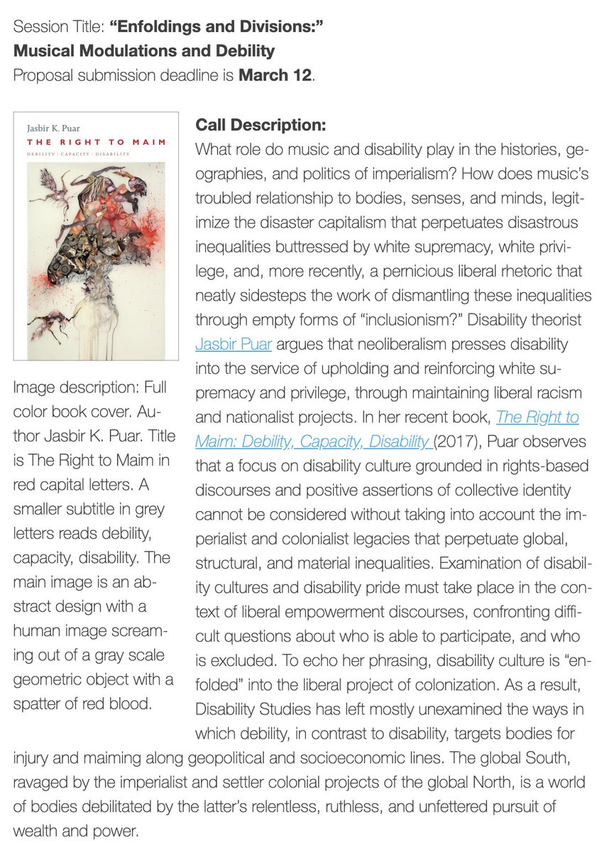 amssmtdismus's tweet photo. ATTN: All #AMS2020 (Minneapolis), the Music & Disability SMT/AMS Study Group has announced our conference call:
CFP: “Enfoldings and Divisions:” Musical Modulations and Debility
https://t.co/YYGDks8CIP
DEADLINE: MARCH 12, 2020
Photos of CFP attached. Please RT.
#dismus https://t.co/zd6kWMp03N